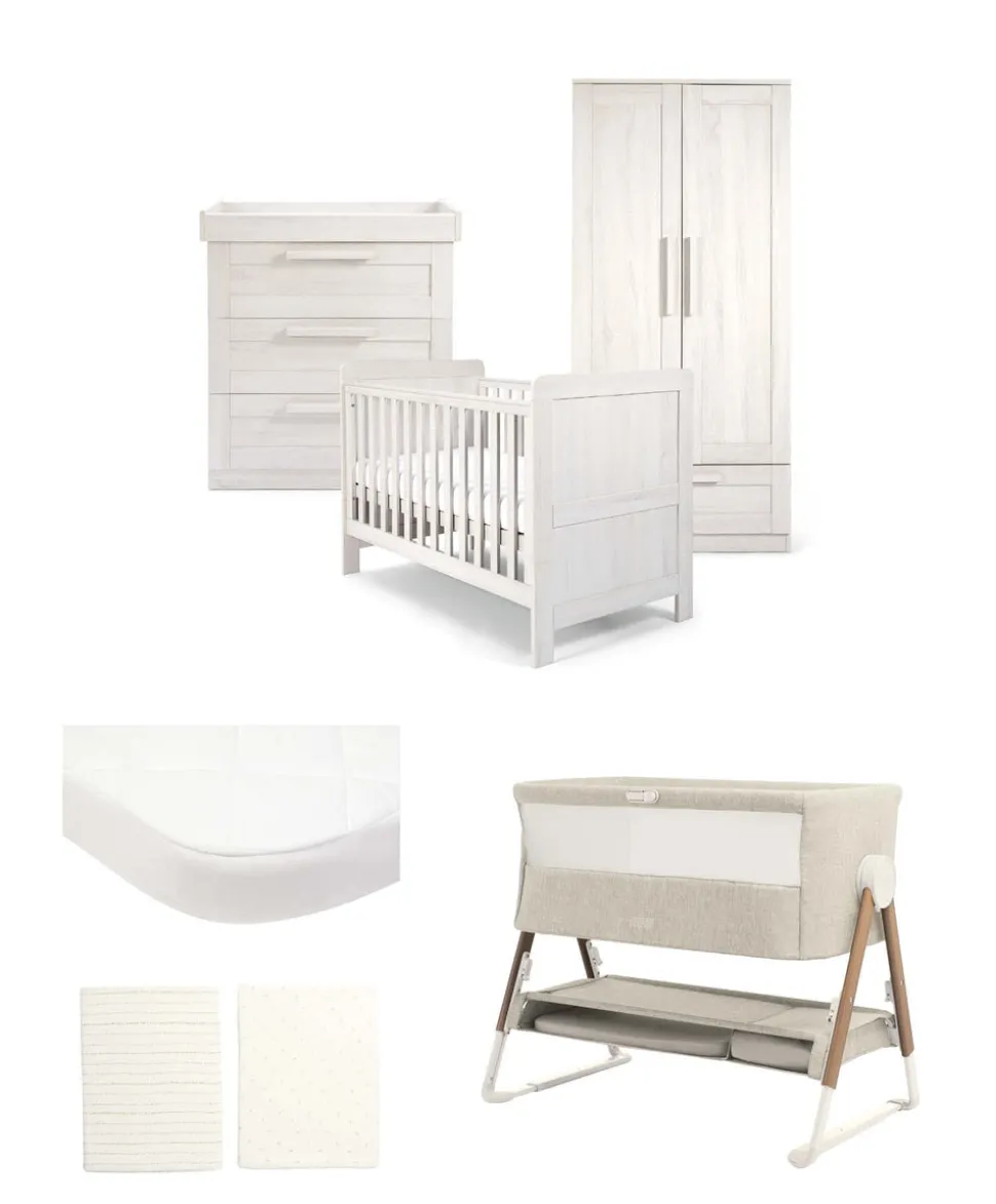 Atlas Nursery Bundle with Lua Bedside Crib (6 Piece) – White