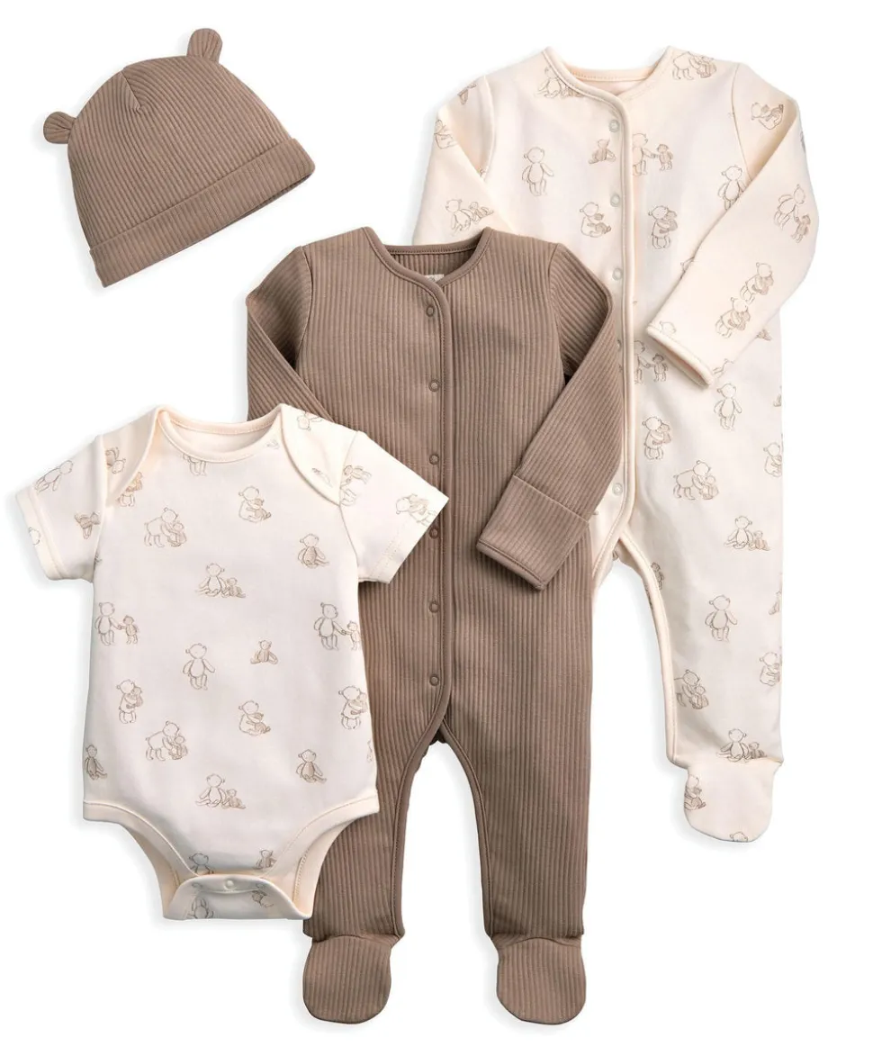 Bear Print All In Ones Bodysuit and Hat Set (4 Pieces)