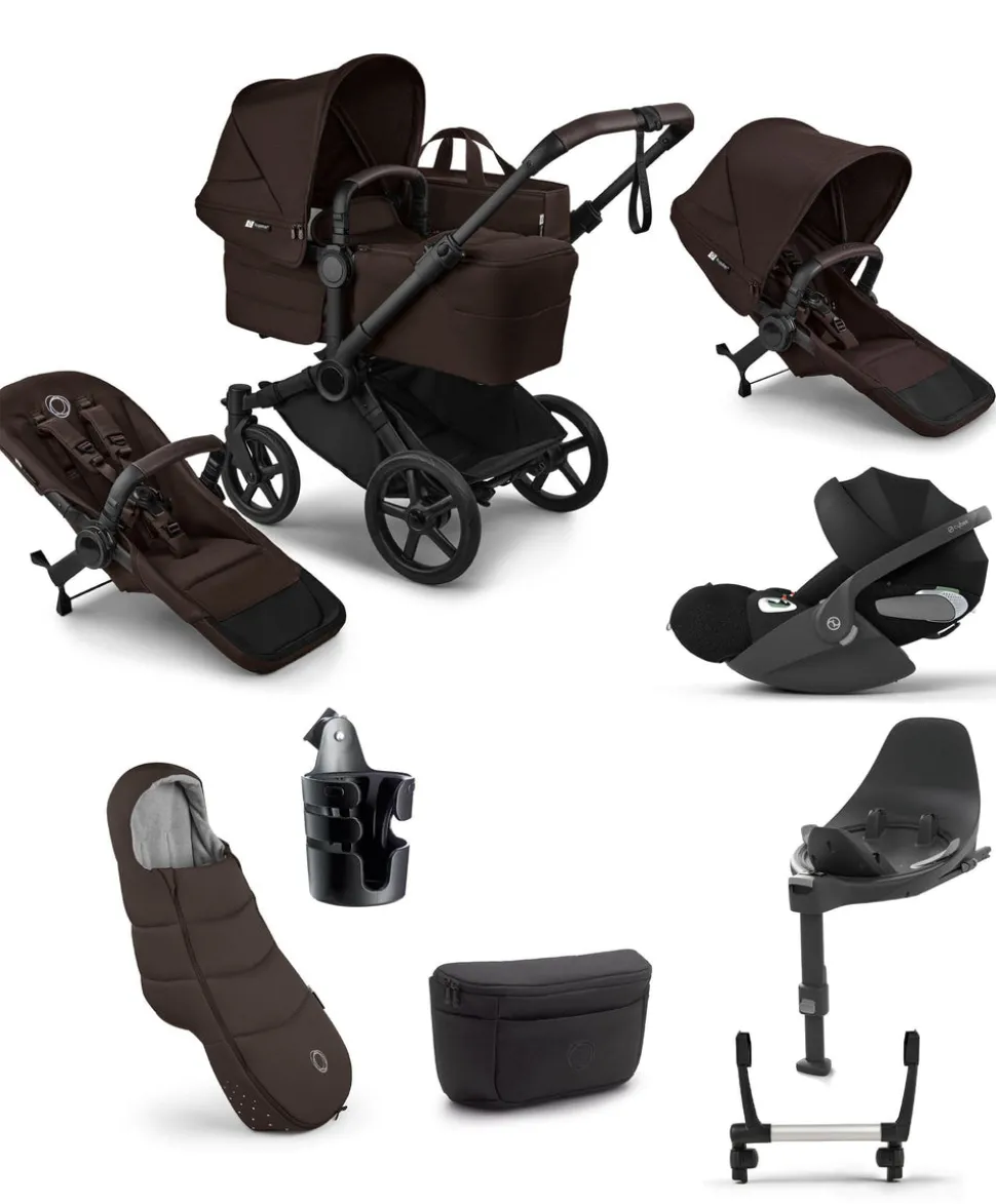 Bugaboo Donkey 6 Double Ultimate Pushchair Bundle With Cybex Cloud T i-Size Rotating Baby Car Seat & Base (8 Pieces) - Cocoa Brown