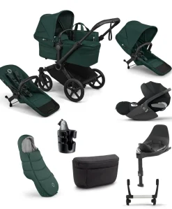 Bugaboo Donkey 6 Duo Ultimate Pushchair Bundle With Cybex Cloud T+ i-Size Rotating Baby Car Seat & Base (8 Pieces) - Fern Green