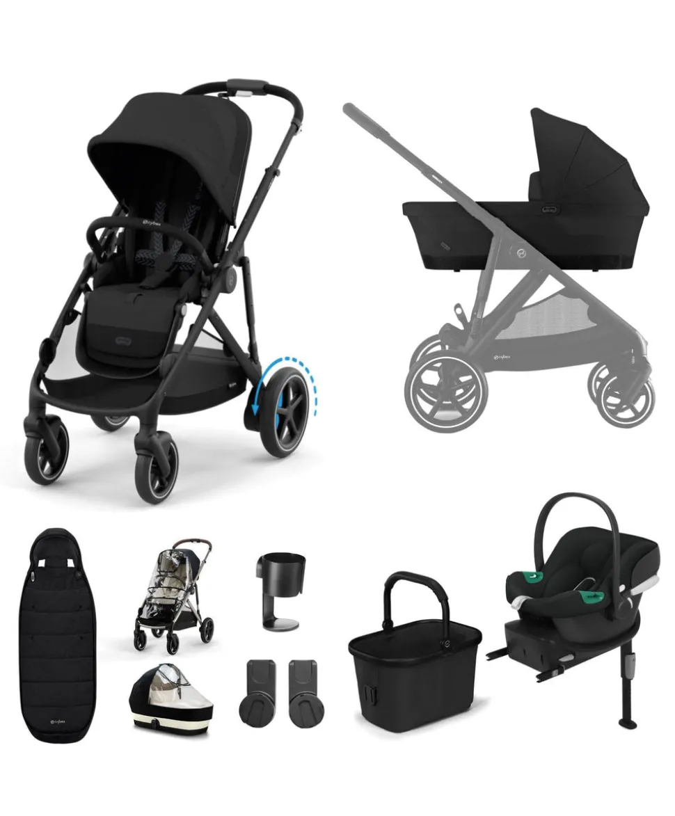 Cybex e-Gazelle S Electric Single to Double Pushchair Bundle with Cybex Aton B2 i-Size Car Seat and Base (6 Pieces) – Black
