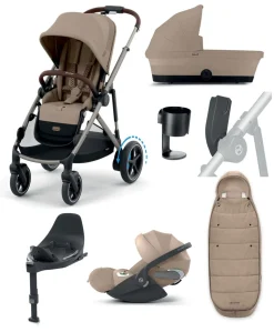Cybex e-Gazelle S Electric Single to Double Pushchair Bundle with Cybex Cloud T+ i-Size Rotating Car Seat (7 Pieces) - Almond Beige/ Cozy Beige