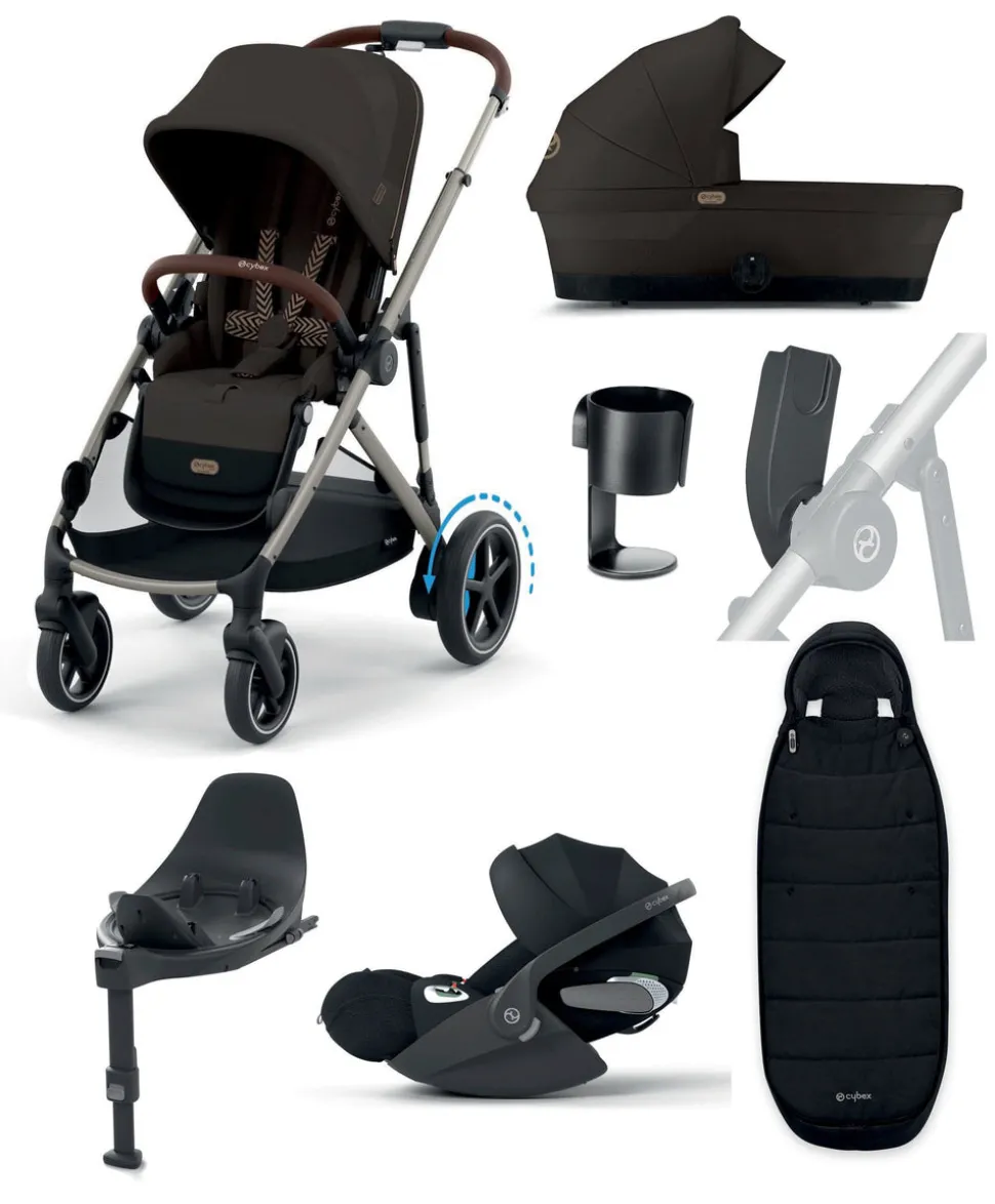 Cybex e-Gazelle S Electric Single to Double Pushchair Bundle with Cybex Cloud T+ i-Size Rotating Car Seat (7 Pieces) - Chocolate Brown