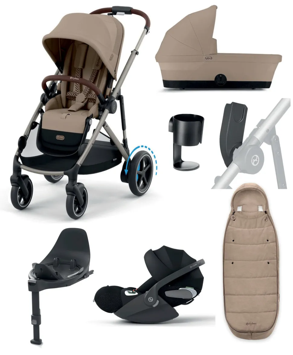 Cybex e-Gazelle S Electric Single to Double Pushchair Bundle with Cybex Cloud T+ i-Size Rotating Car Seat (7 Pieces) - Almond Beige
