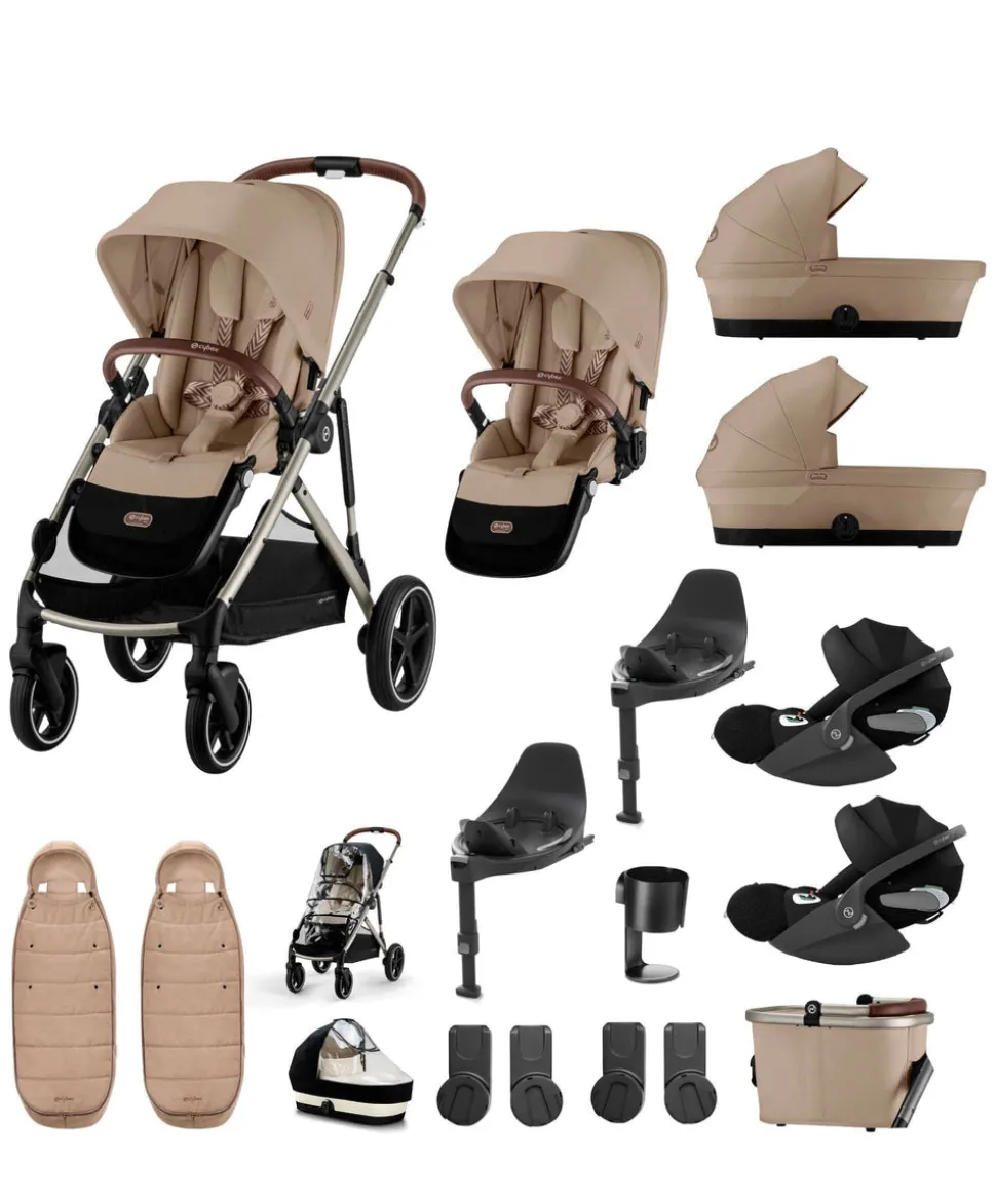 Cybex Gazelle S Twin Pushchair Bundle with Cybex Cloud T i-Size Rotating Baby Car Seat & Base (16 Pieces)- Almond Beige