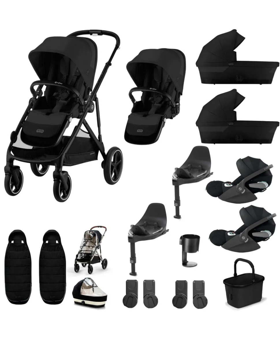 Cybex Gazelle S Twin Pushchair Bundle with Cybex Cloud T i-Size Rotating Baby Car Seat & Base (16 Pieces) - Moon Black