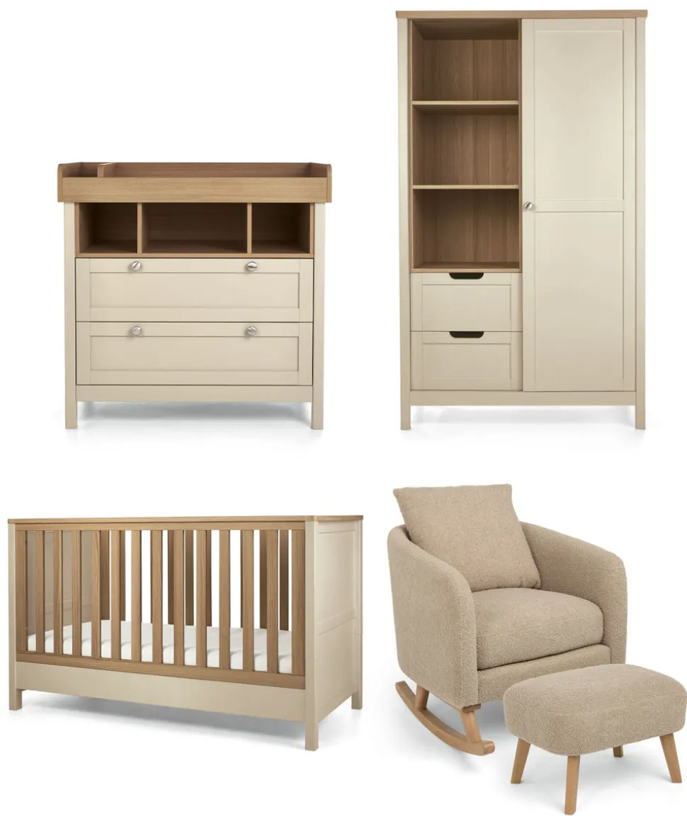 Harwell 3 Piece Cotbed Range with Alma Nursing Chair & Stool - Cashmere/ Fawn Boucle