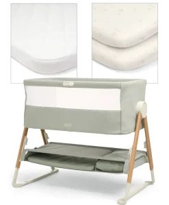 Lua Bedside Crib with Sheet & Mattress Protector Bundle - Sage/Cosmic Sky