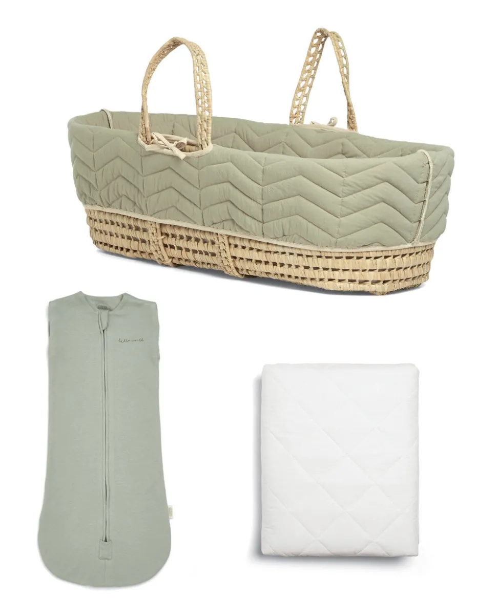 Newborn Swaddle and Moses Basket Bundle (3 Pieces) - Sage