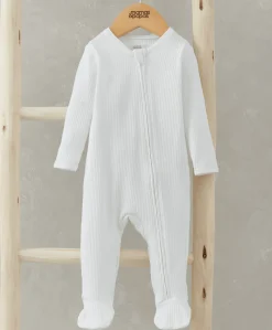 Organic Cotton Ribbed Sleepsuit - White