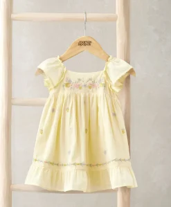 Peplum Frill Embroidered Dress - Yellow