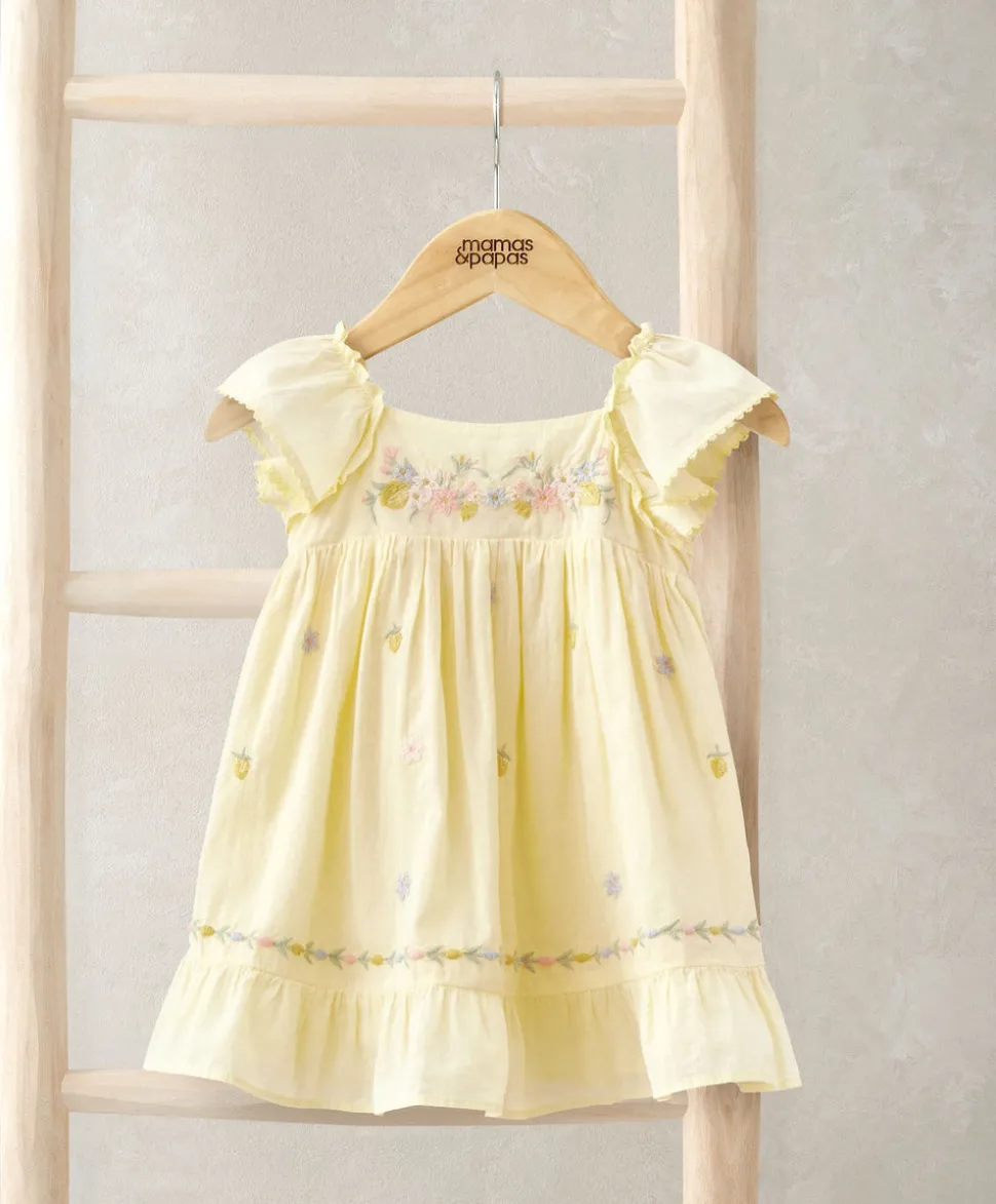 Peplum Frill Embroidered Dress - Yellow