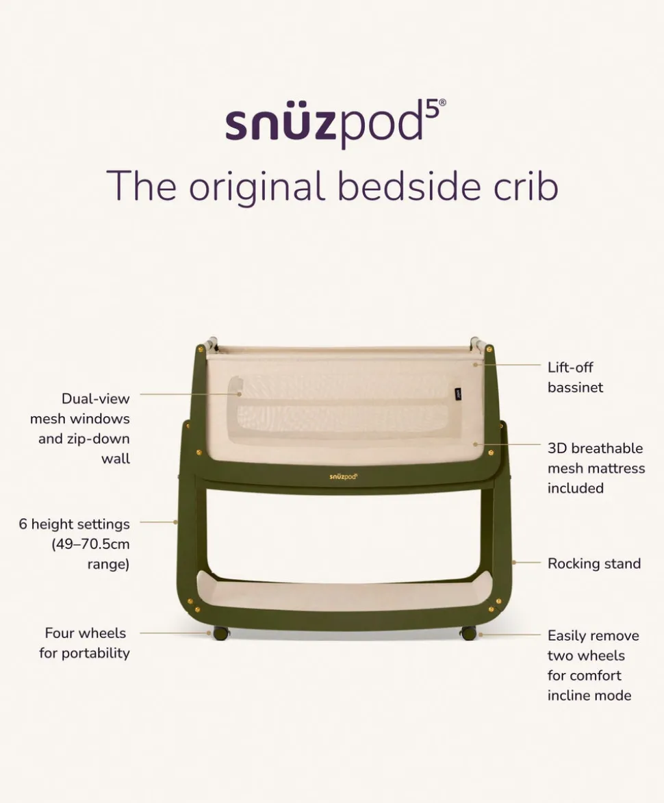 SnuzPod 5 Bedside Crib - Olive