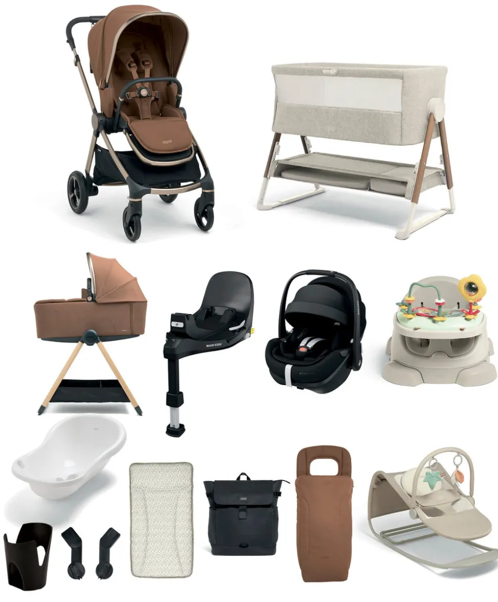 Vardo Pushchair Ultimate Newborn Bundle with Maxi-Cosi Pebble 360 Pro² Car Seat & Base (14 Pieces) - Nutmeg